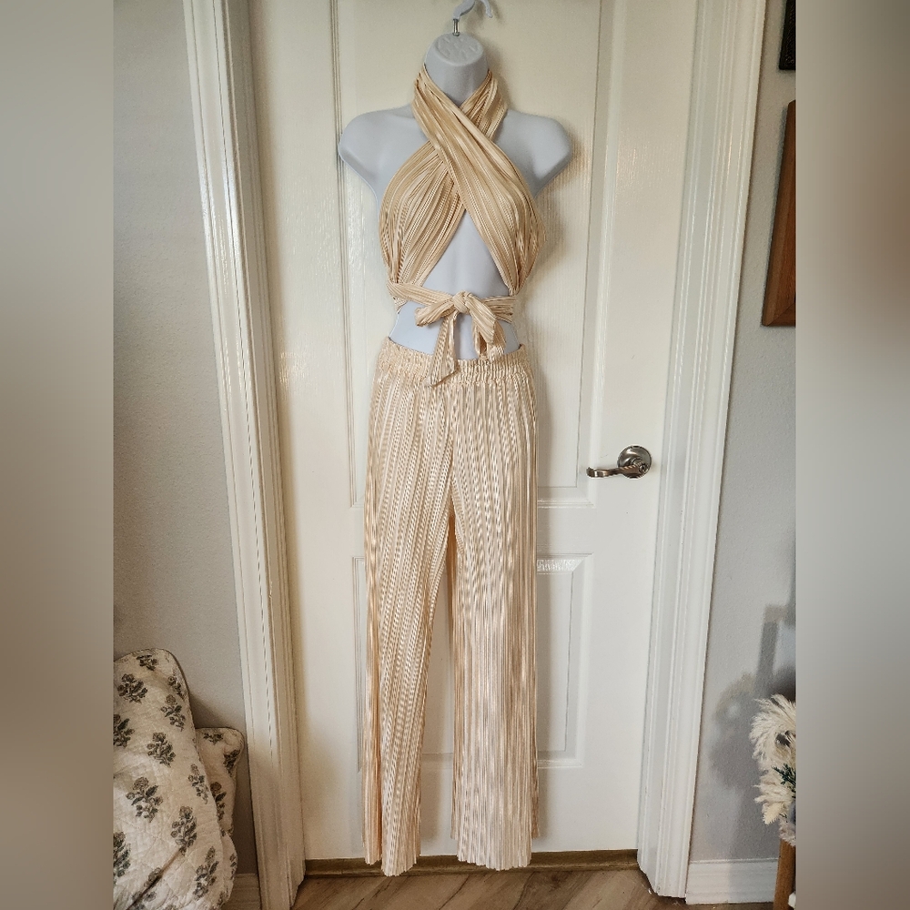 NWT Champagne Plisse 2 Pc Set